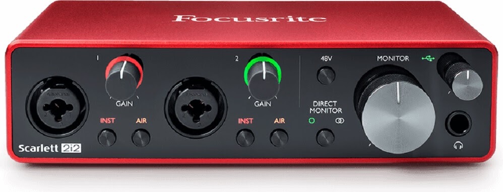 The Focusrite Scarlett 2i2 audio mixer