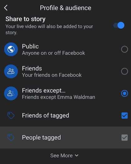 Privacy settings for a Facebook live from a mobile phone.