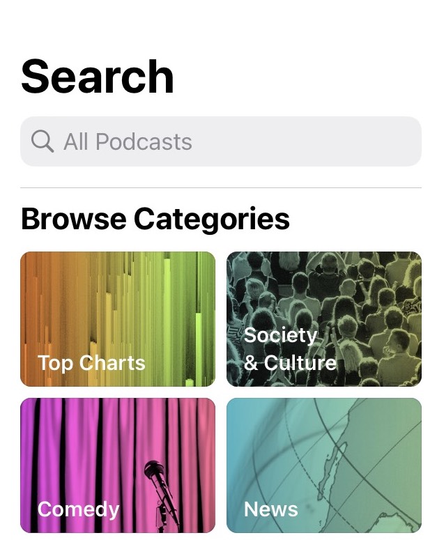 Searching for a podcast to listen to on an iPhone.