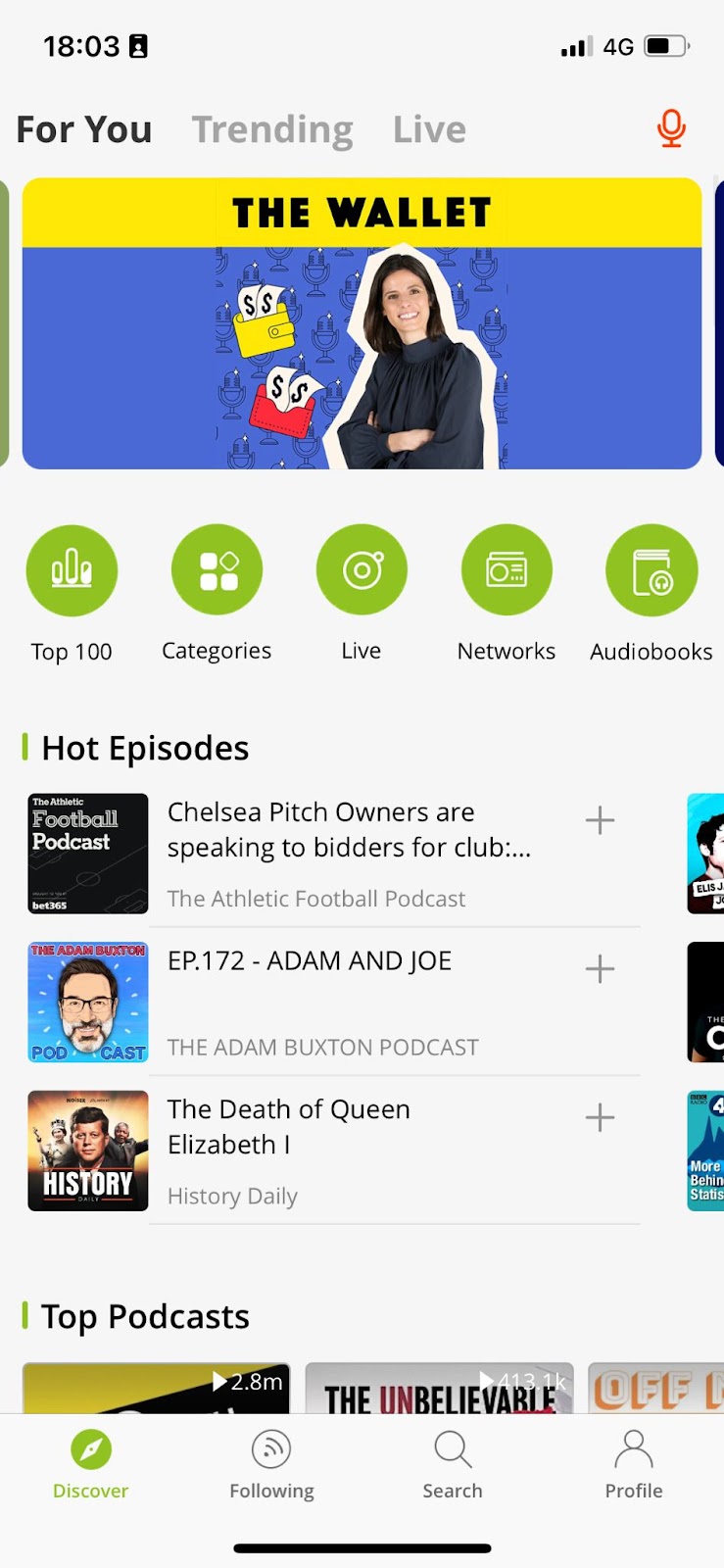 Podbean mobile app For You page.