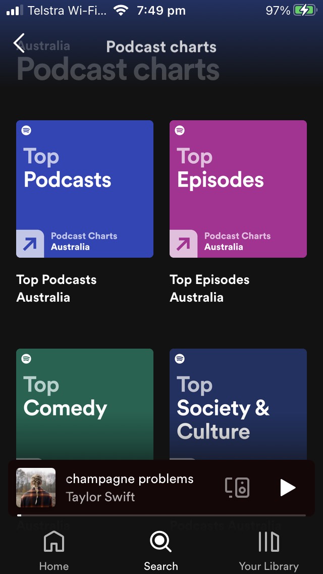 Top Spotify Podcast Charts on the mobile app. 