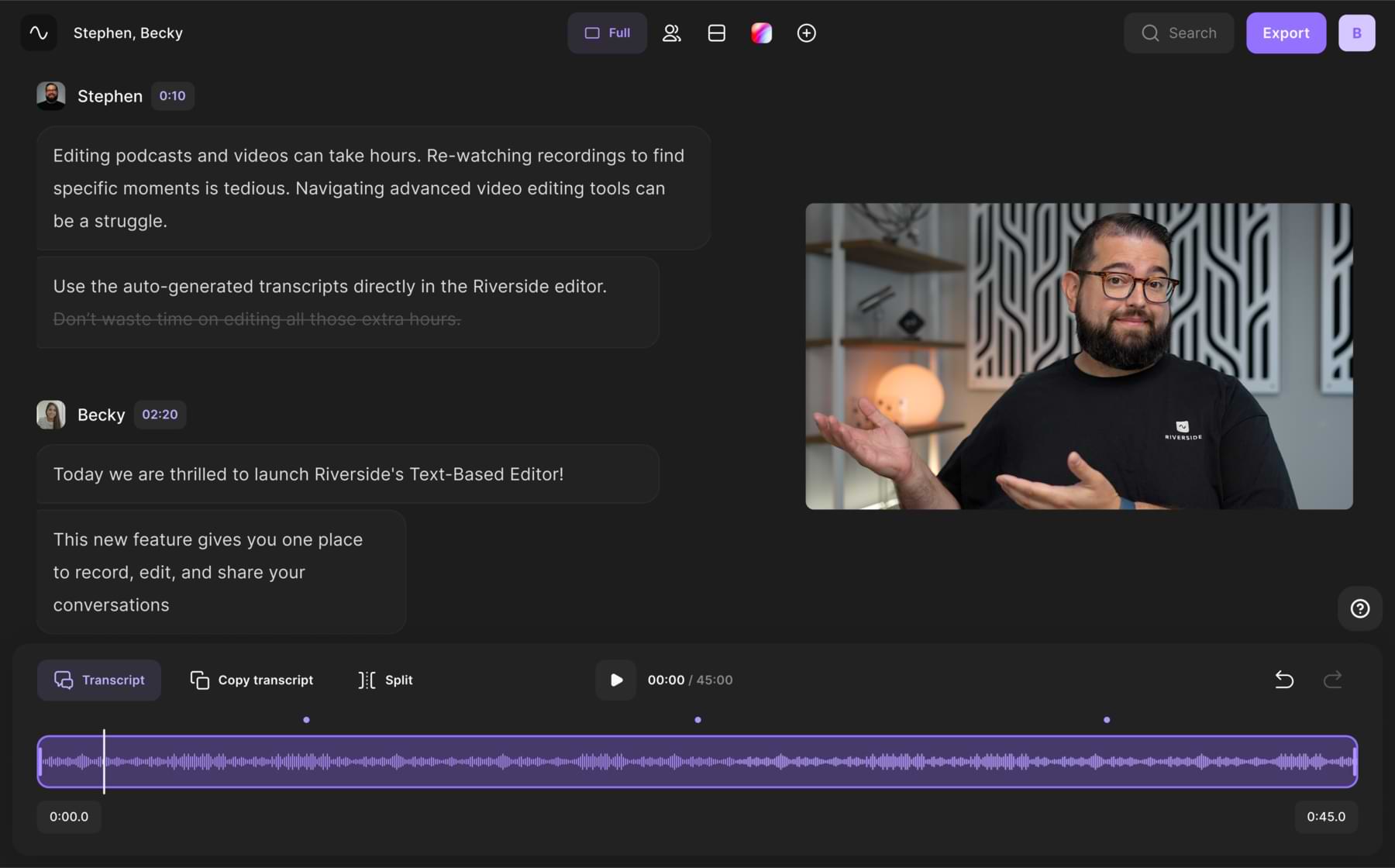 Riverside text-based editor for easily editing interviews