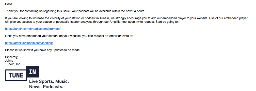 Confirmation of a podcast show submission on TuneIn