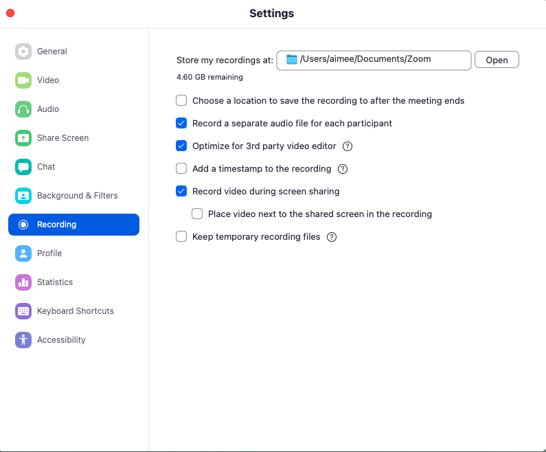 zoom recording settings menu