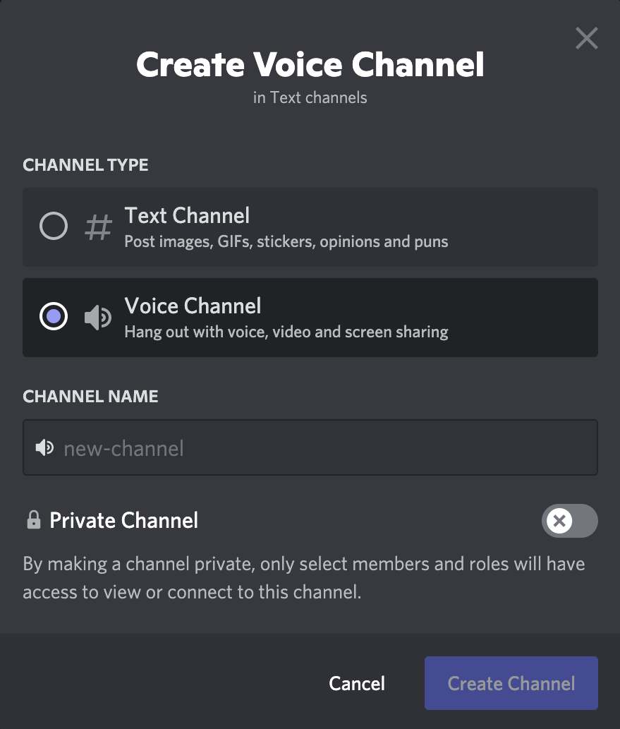 Creating a new voice channel for streaming on Discord.