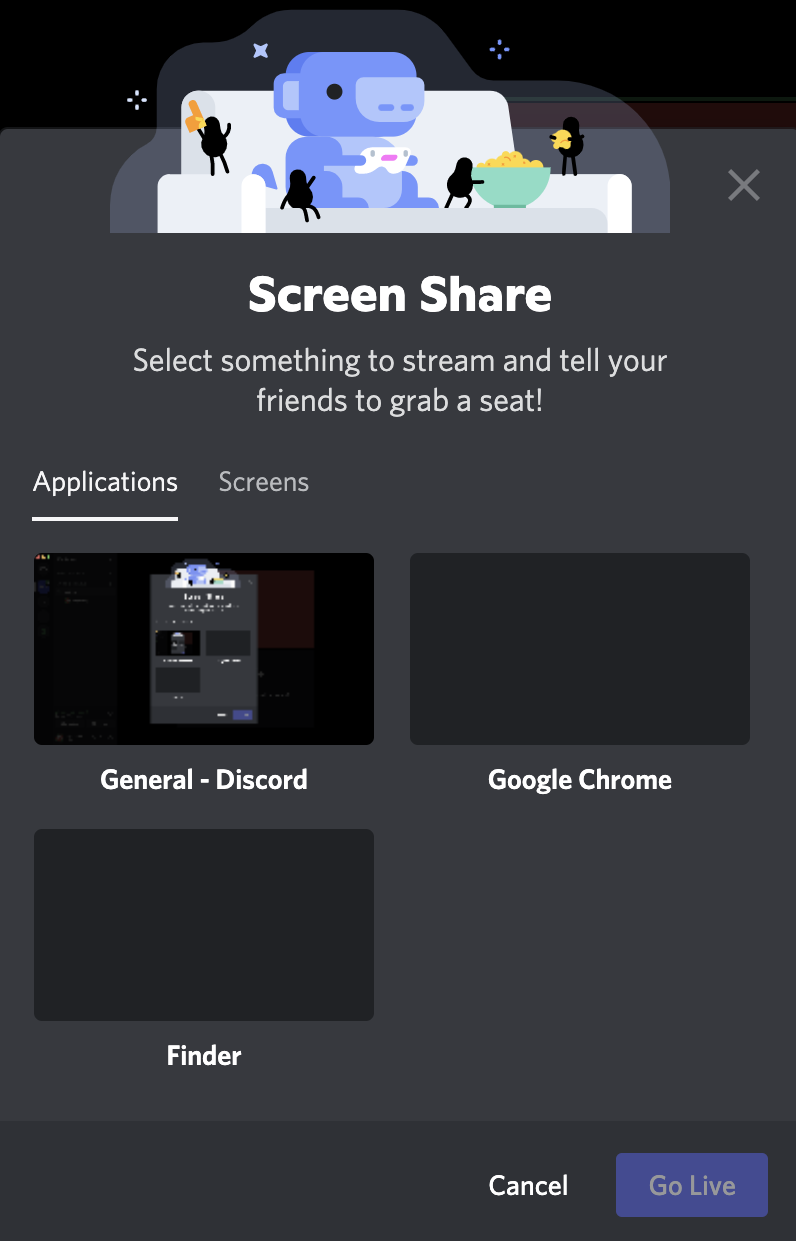 Screen sharing options for live streaming on Discord.