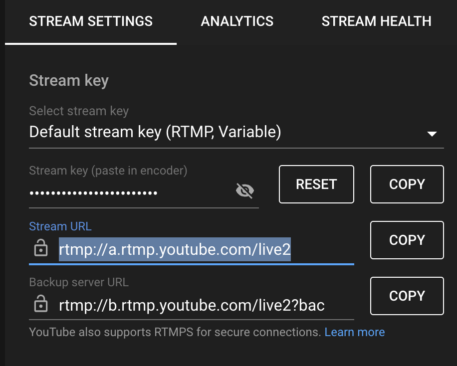 Stream settings to enter RTMP URL.