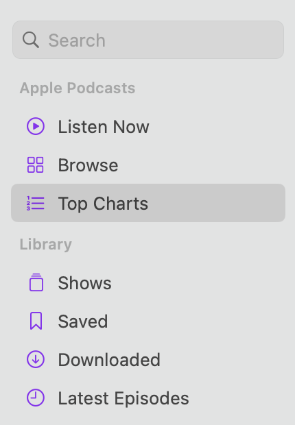 The menu bar to find podcasts to listen to on Apple Podcasts on a Mac device.