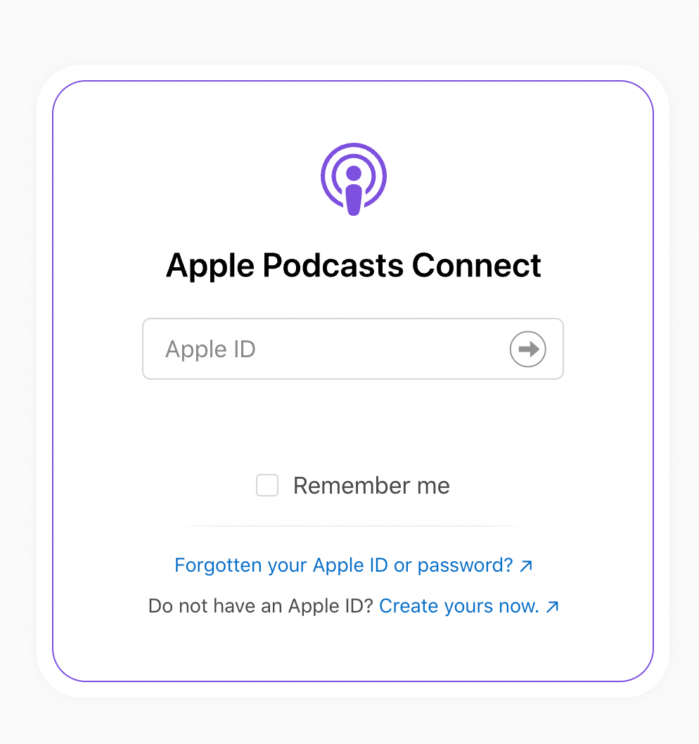 Signing into Podcasts Connect
