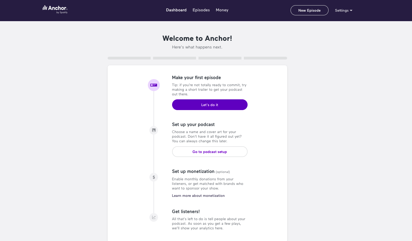 The Anchor Dashboard onboarding.