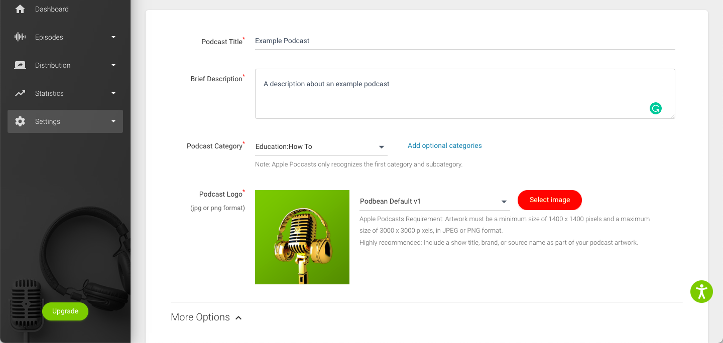 Filling in a podcast's title, description and cover on Podbean.