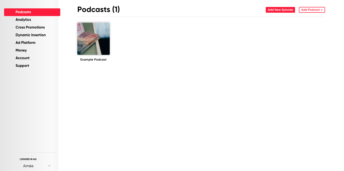The Podcasts page on RedCircle's dashboard.