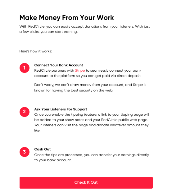 Make Money from your Work popup on RedCircle