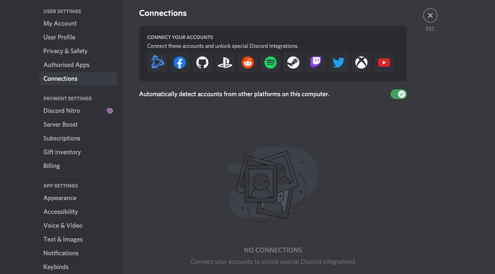 The connections menu on Discord for connecting Twitch, YouTube or Facebook for streaming.