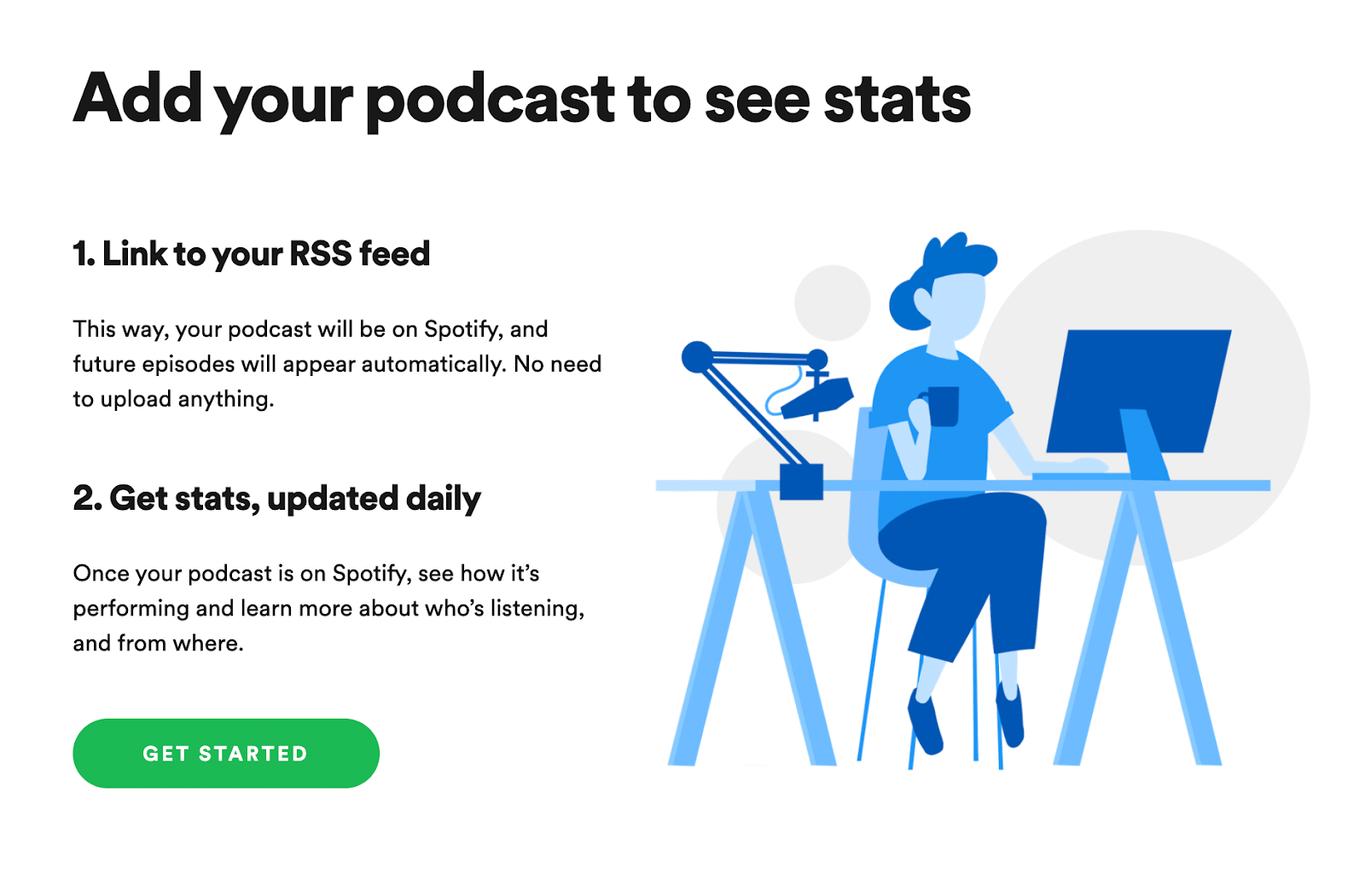 Adding a podcast on Spotify using an RSS feed link.