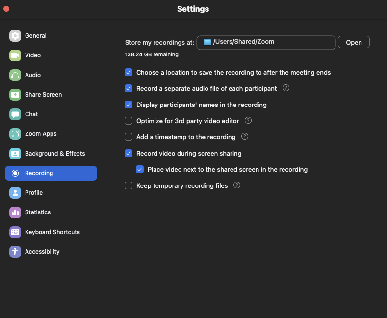 Recording settings on Zoom