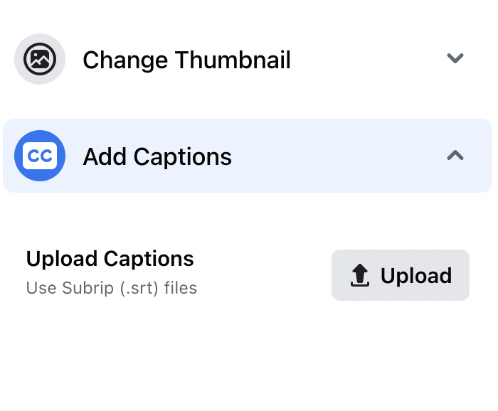 The Add Captions button on Facebook for uploading your own subtitles to a personal Facebook video.